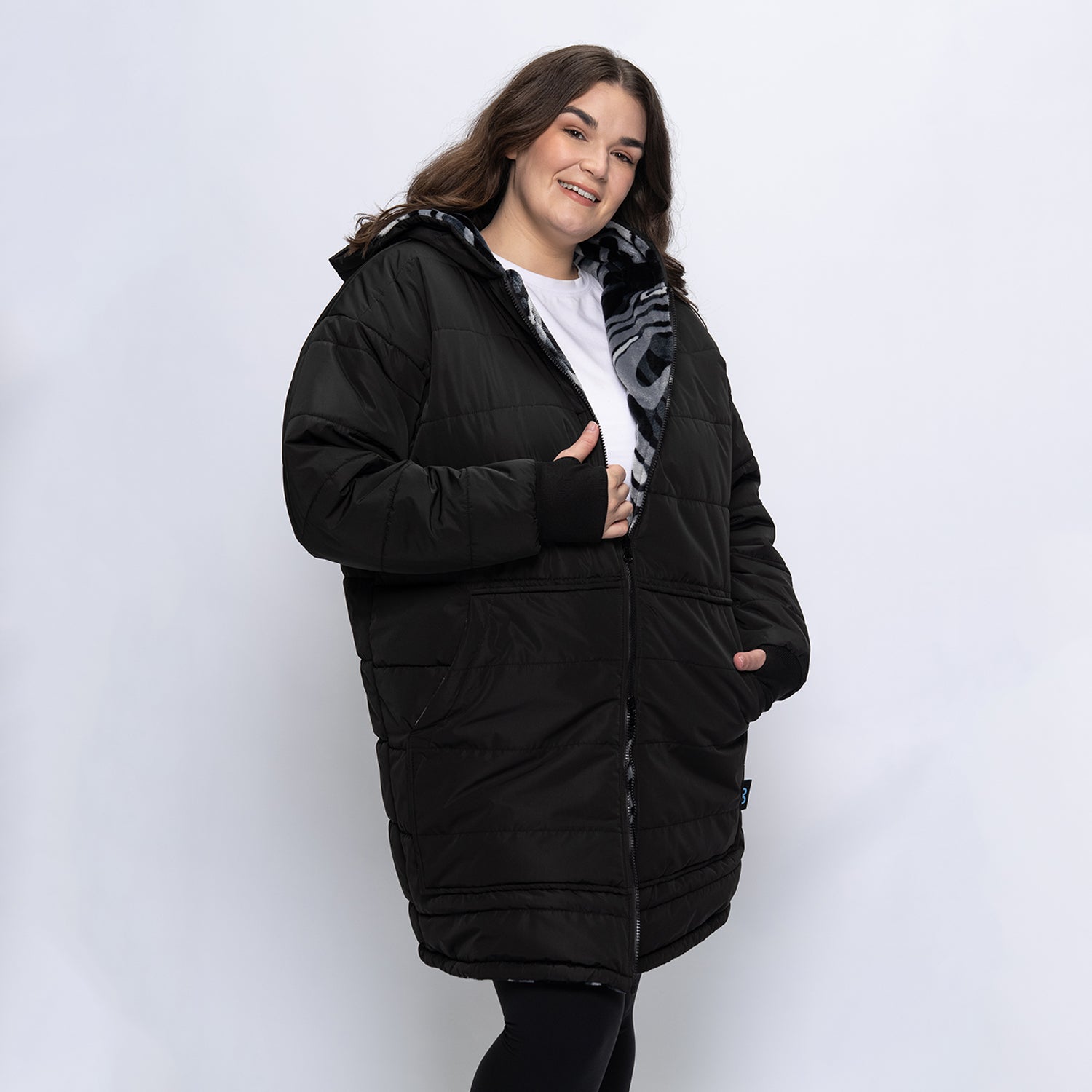 Black/Charcoal Swirl Print Long Puffer Jacket – The Oodie
