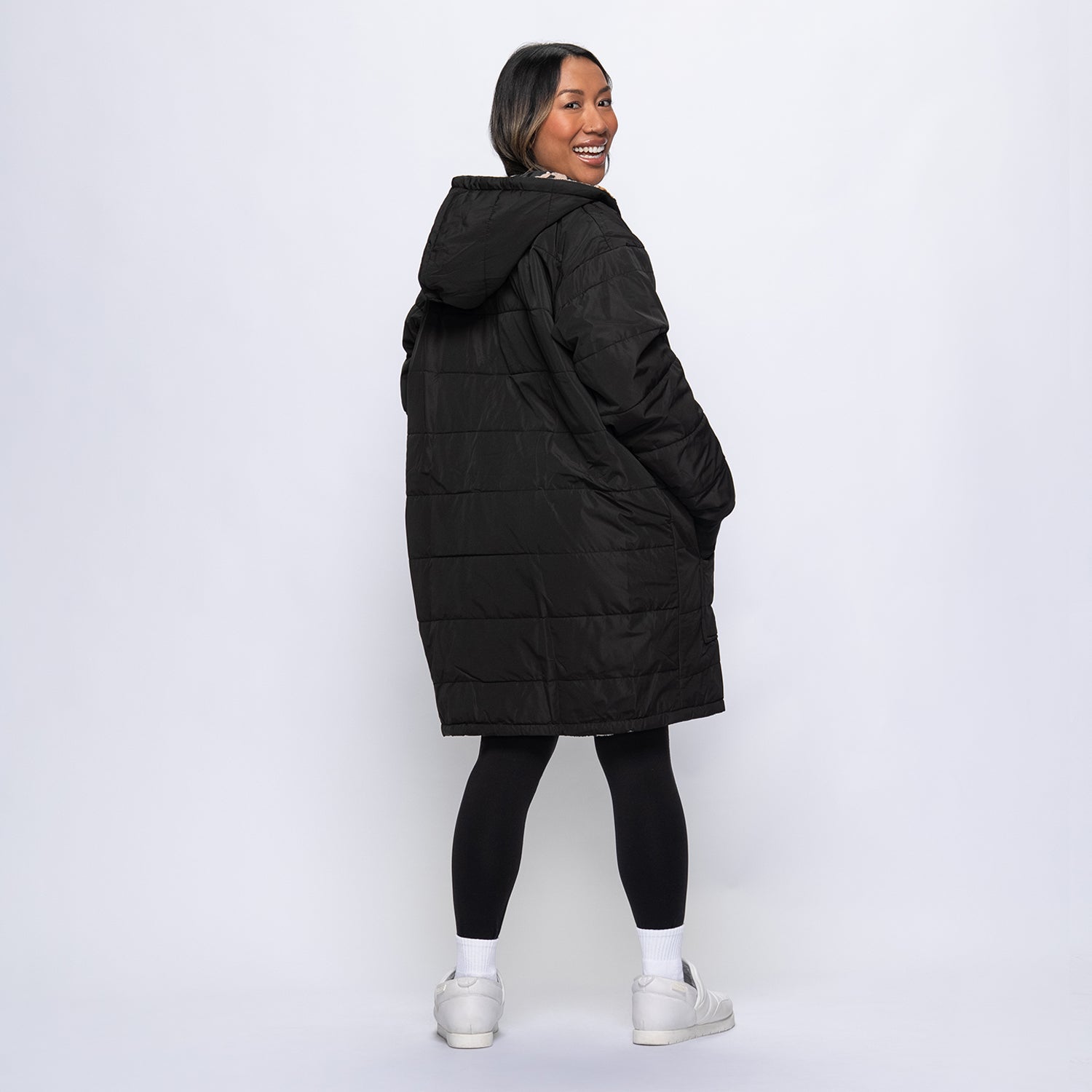 Black/Leopard Zip Long Puffer Jacket – The Oodie