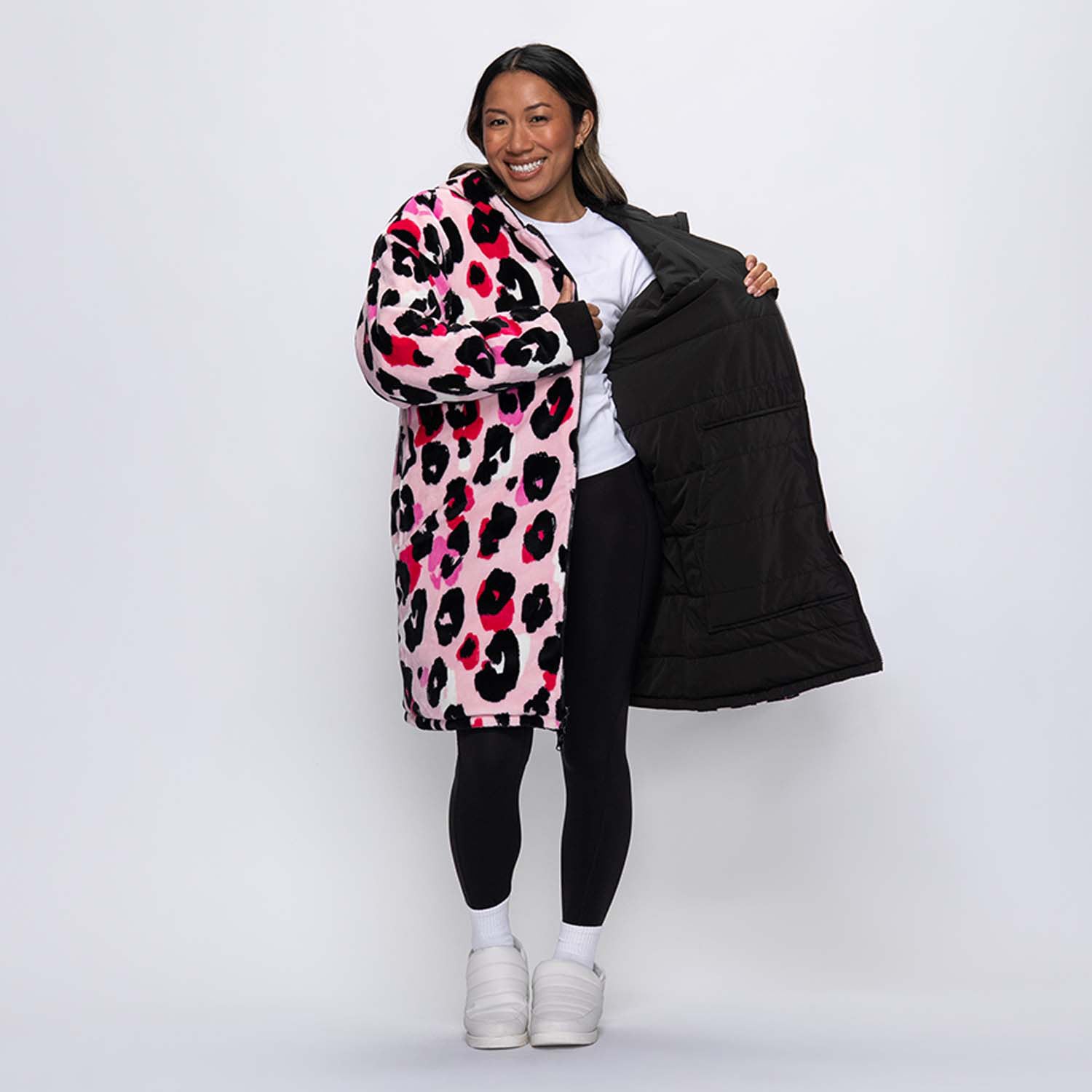 Black/Pink Leopard Print Long Puffer Jacket – The Oodie