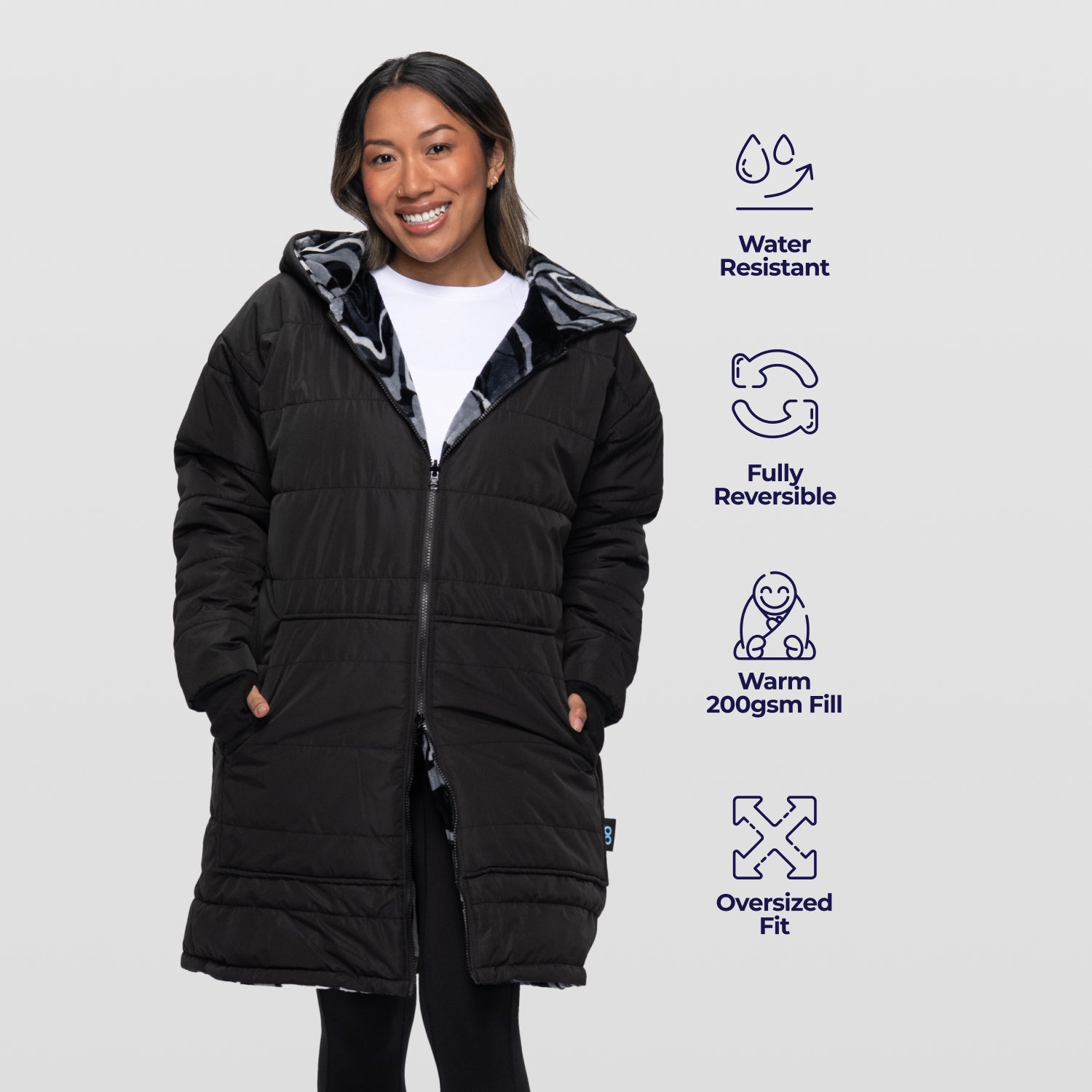 Black/Charcoal Swirl Print Long Puffer Jacket – The Oodie