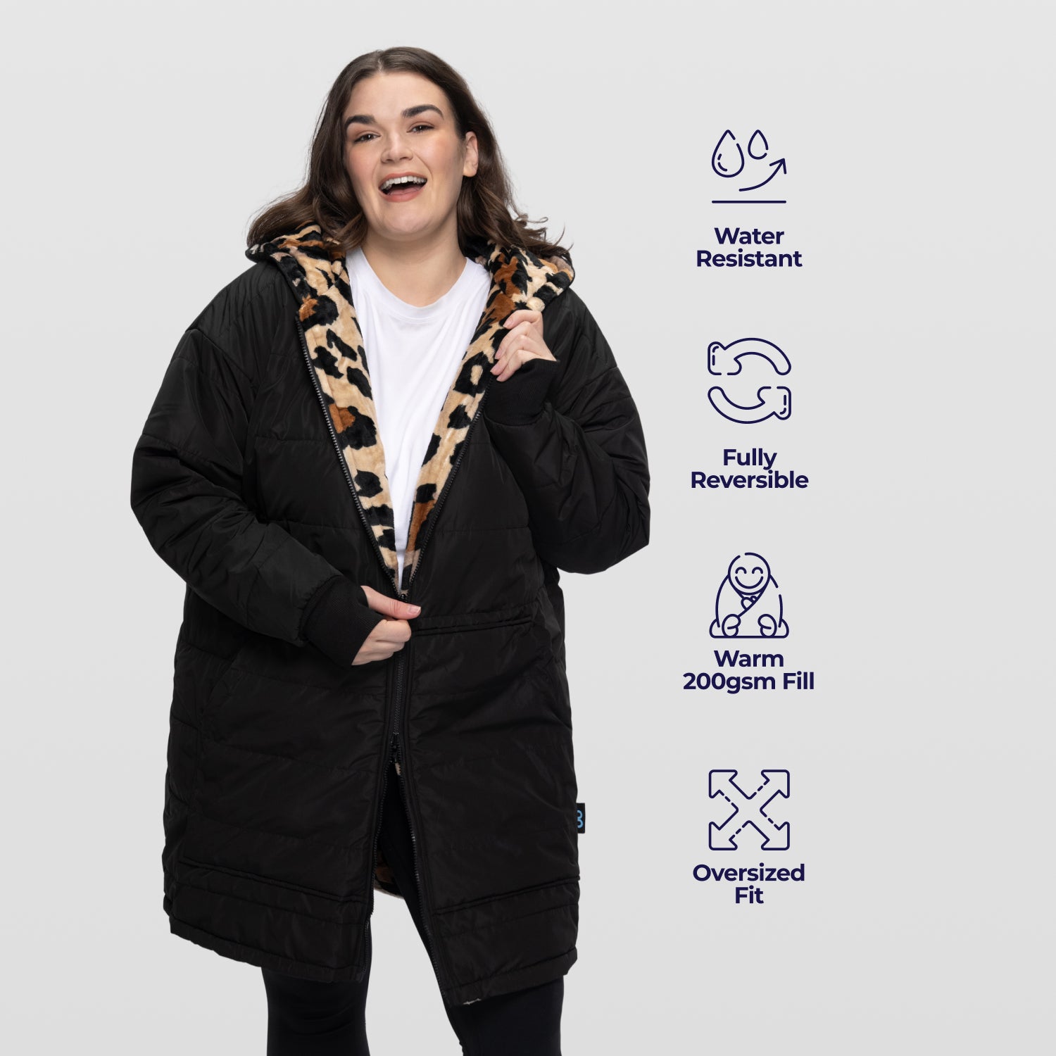 Black/Leopard Zip Long Puffer Jacket – The Oodie