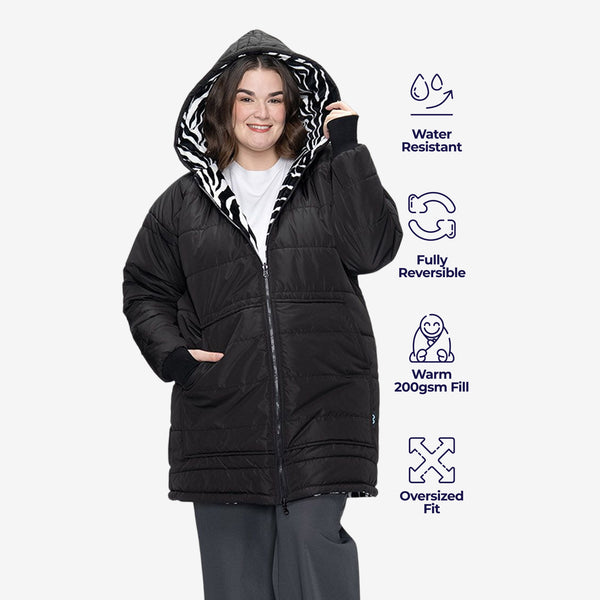Black / Zebra Long Puffer Jacket – The Oodie