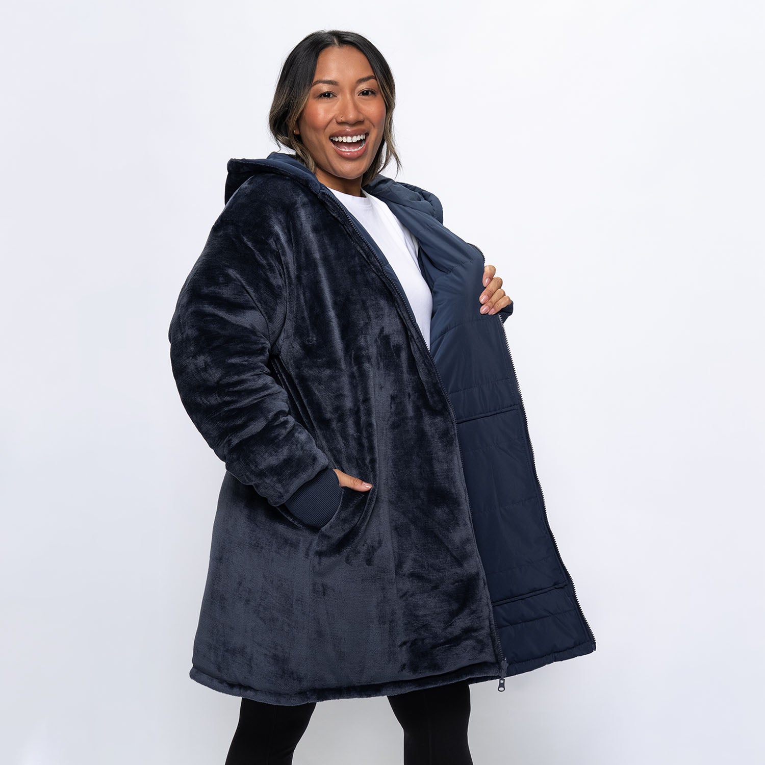 Navy Zip Long Puffer Jacket – The Oodie