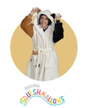 Woman wearing white Squishmallows Sherpa Dressing Gown